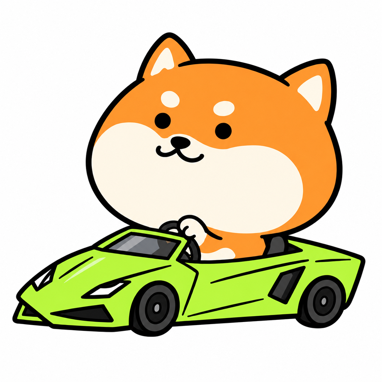 An absurdly big-headed Shiba Inu happily driving a tiny lime-green supercar